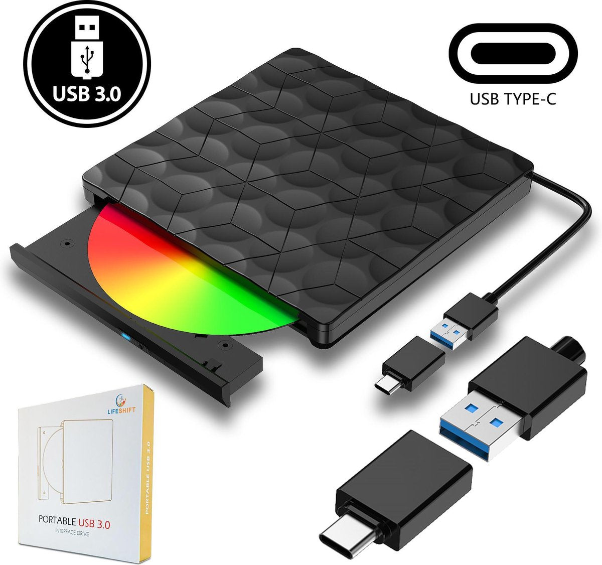 Draagbare Externe DVD en CD Speler voor Laptop - USB naar USB-C Adapter - Geschikt voor PC en MacBook - Brander - Zwart