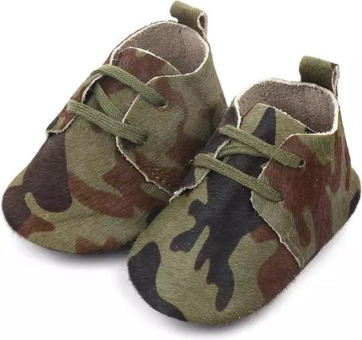 Leren Babyschoenen met Veters en leuke armyprint 6-12 maanden