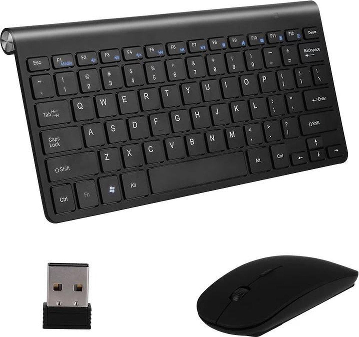 HBKS Mini Toetsenbord en Muis Draadloos - USB Connector - Apple - Android - QWERTY Draadloze Toetsenborden - Wireless Keyboard & Mouse - Zwart