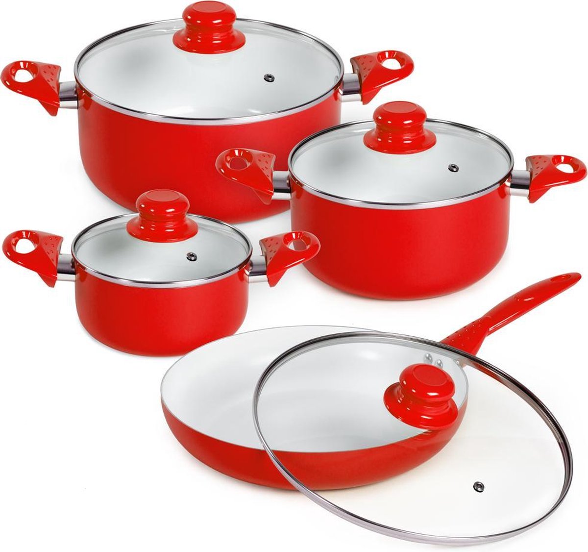 8-delige keramische pannenset glasdeksel kookpot rood 401194
