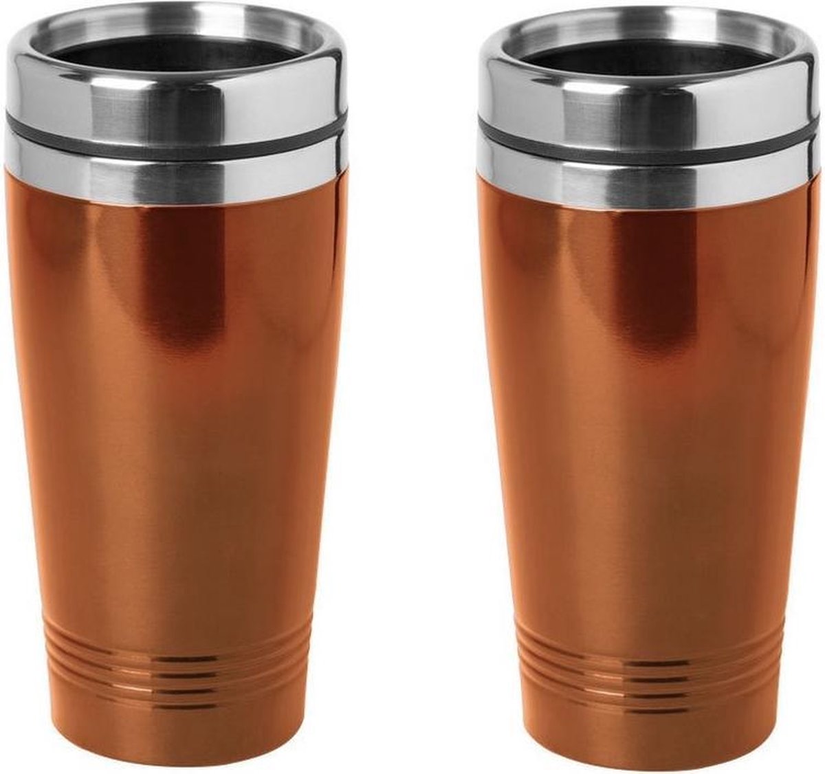 2x stuks warmhoudbeker/warm houd beker metallic oranje 450 ml - RVS Isoleerbeker/thermosbekers reisbekers voor onderweg