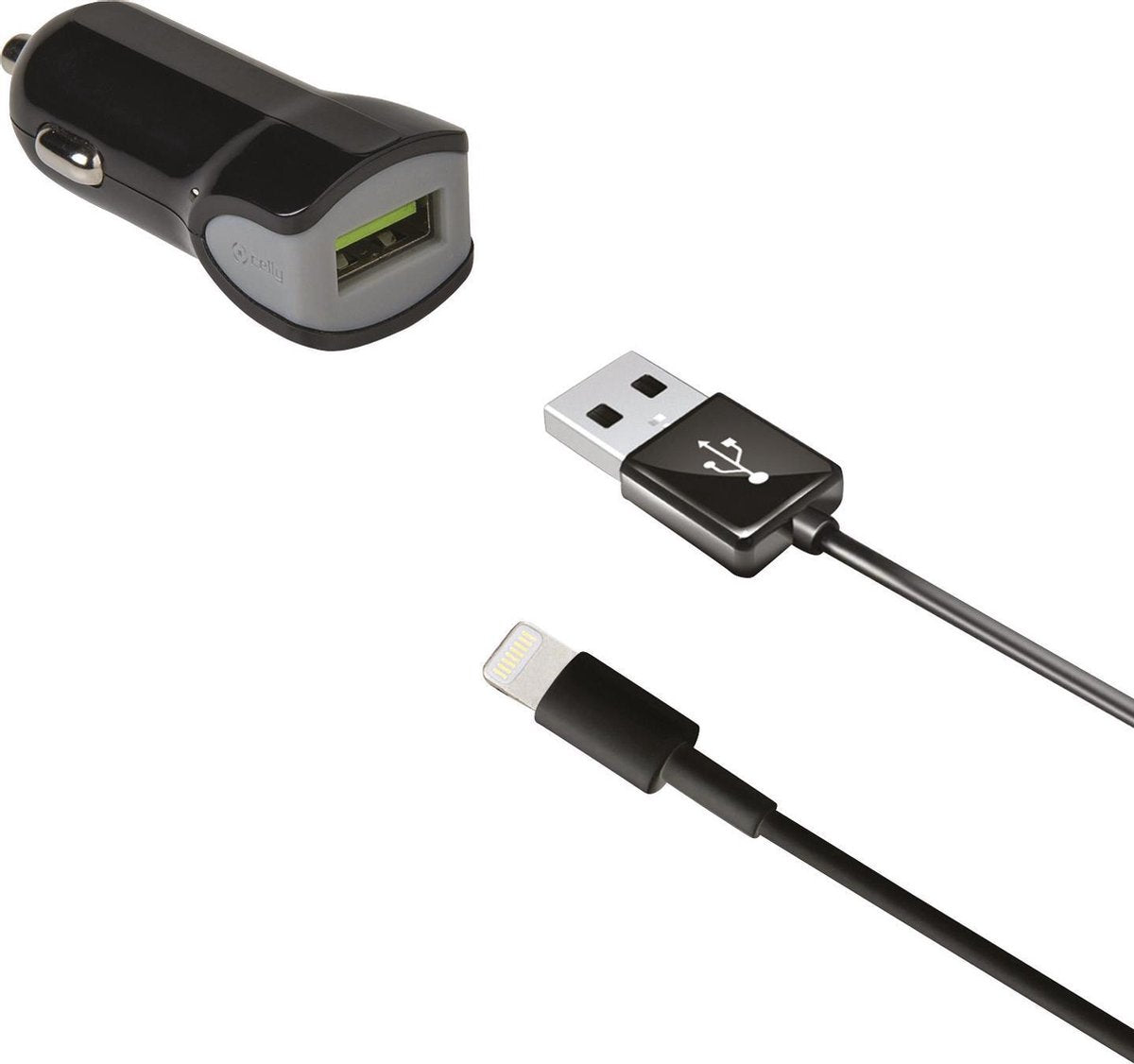 Celly Autolader Usb 12/24v 2.4a + Lightning-datakabel Zwart