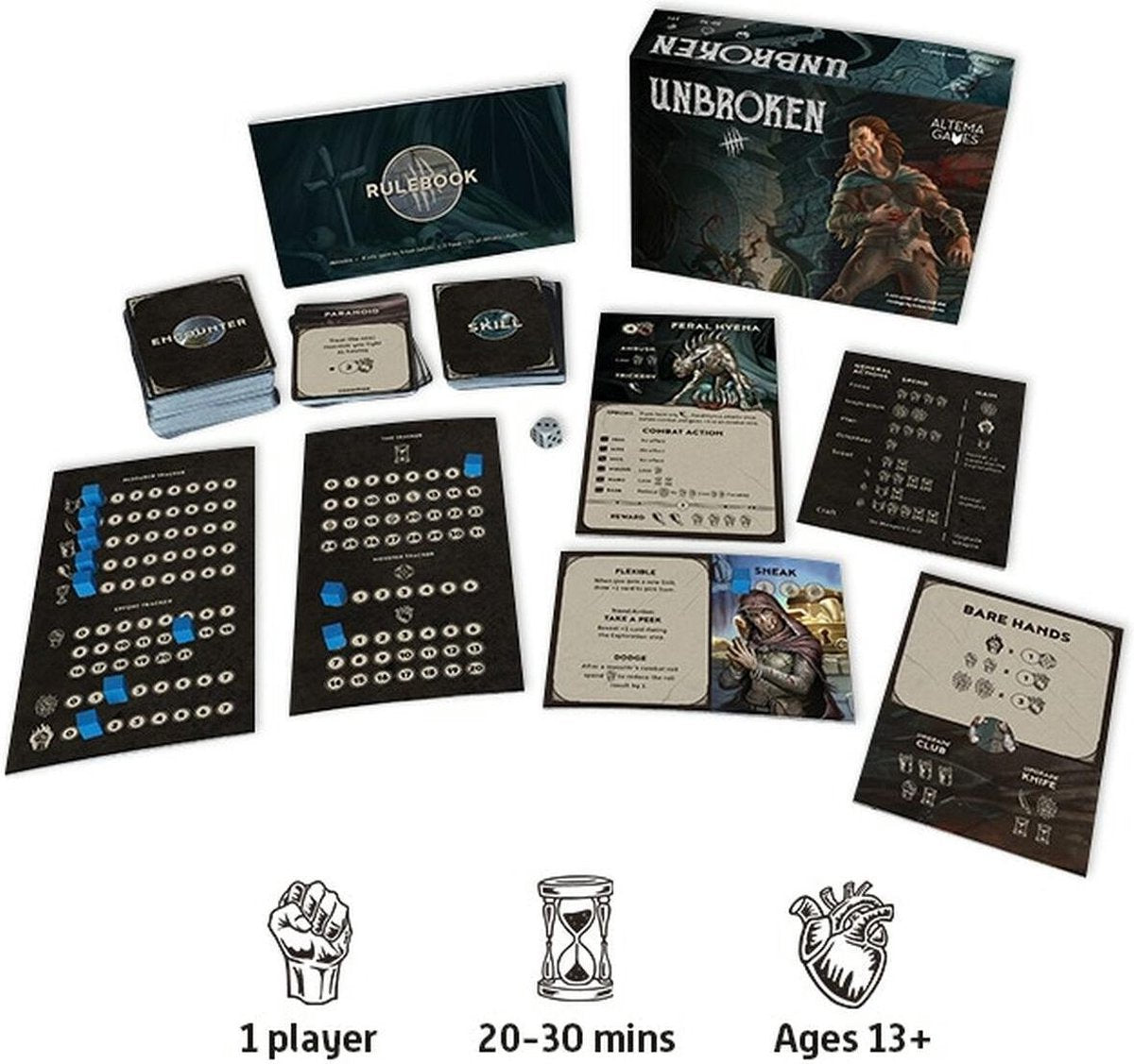 Golden Bell Altema UNBROKEN Solo Dungeon Adventure Board Game Kickstarter bordspel