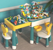 Bouwtafelset voor Lego & Duplo Bouwstenen + Dieren Knikkerbaan 110 dlg. (Grote blokken) + Dieren bouwstenen 500 dlg. (Kleine bouwstenen)  - Uittrekbare 2-in-1 Bouwtafel + 2 Stoeltjes + 2 Bakjes - Blokkentafel met verstelbare lengte - Speeltafel