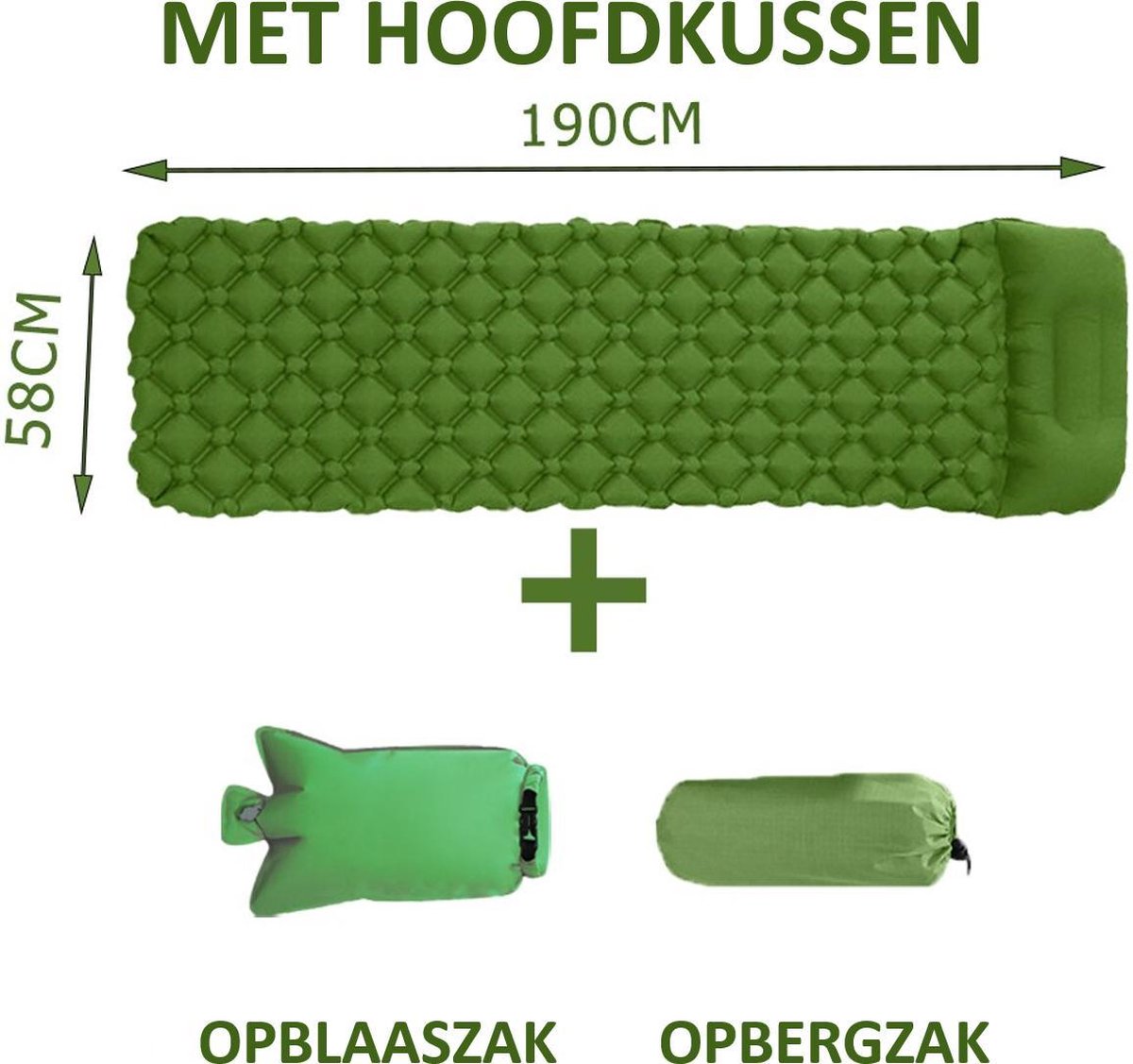 Luchtmatras Light Kampeer luchtbed met Hoofdkussen - Groen - 1-persoons - Opblaasbaar luchtbed - Meeneemtas Opblaaszak