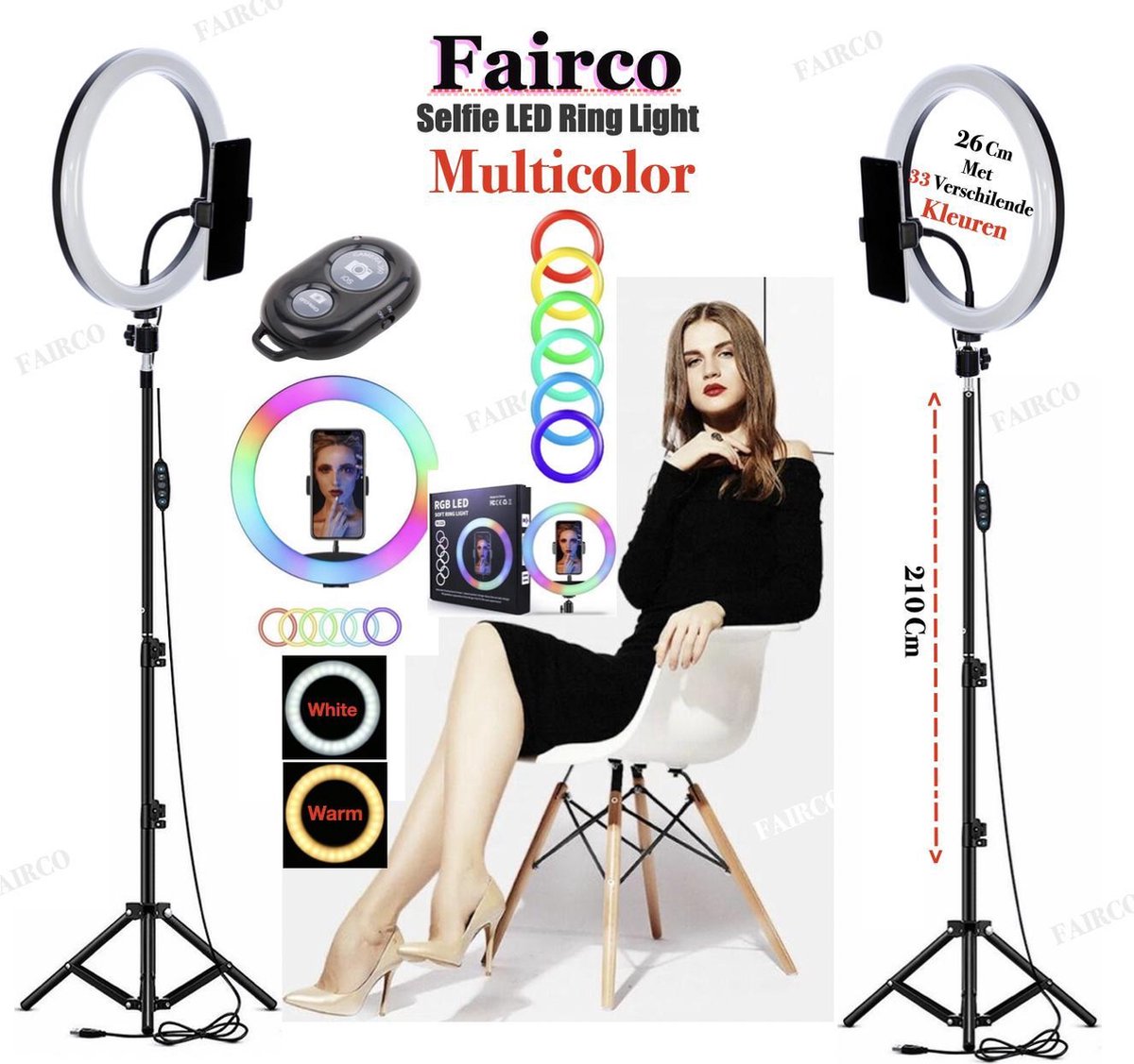 LED Ring Light 26Cm Multicolor Met Statief 210Cm Inclusief Bluetooth afstandsbediening en Telefoonhouder