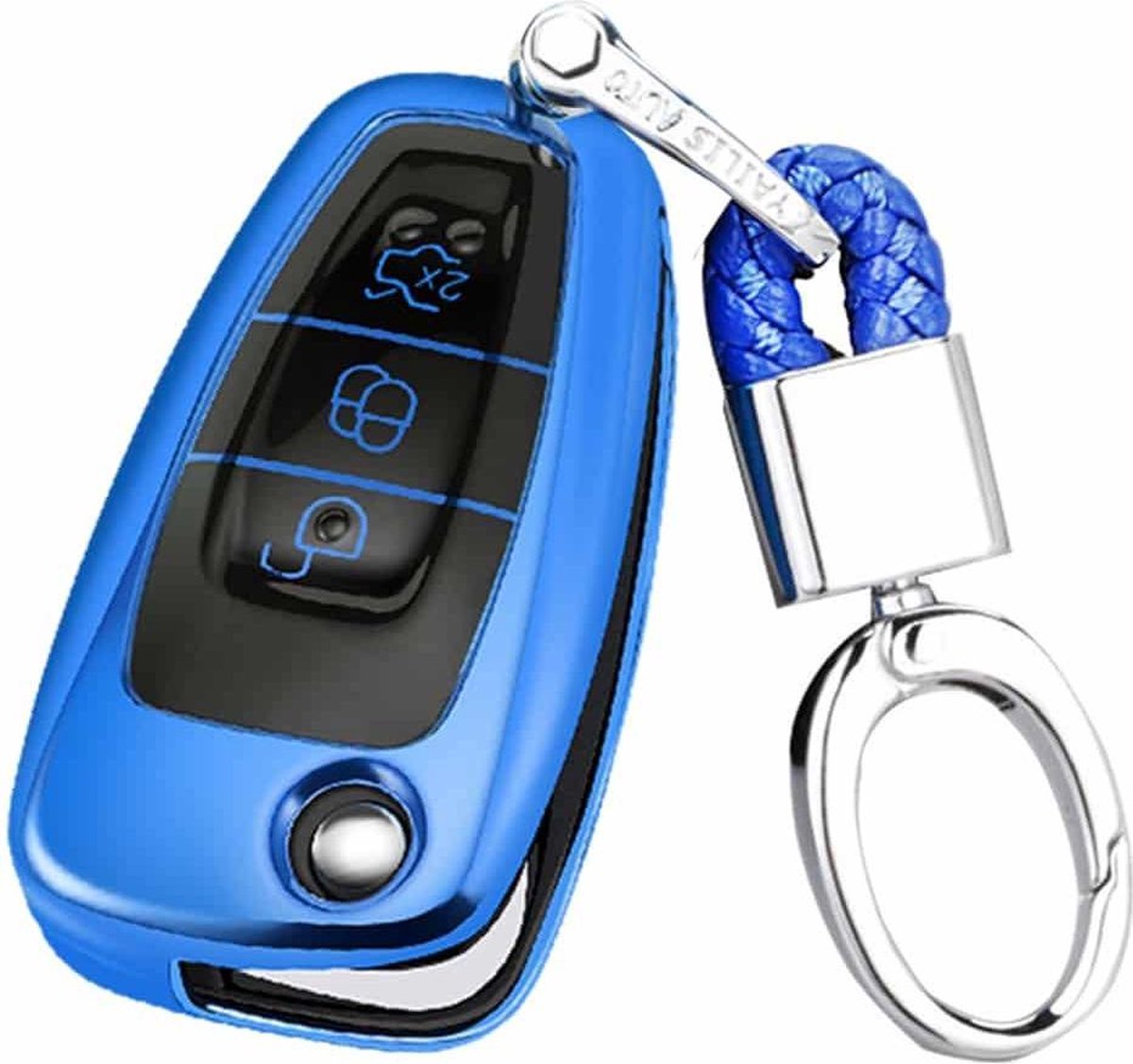 TPU Galvaniseren uit Ã©Ã©n stuk Opening Volledige dekking Autosleutelbehuizing met sleutelring voor Ford FOCUS / KUGA (blauw)