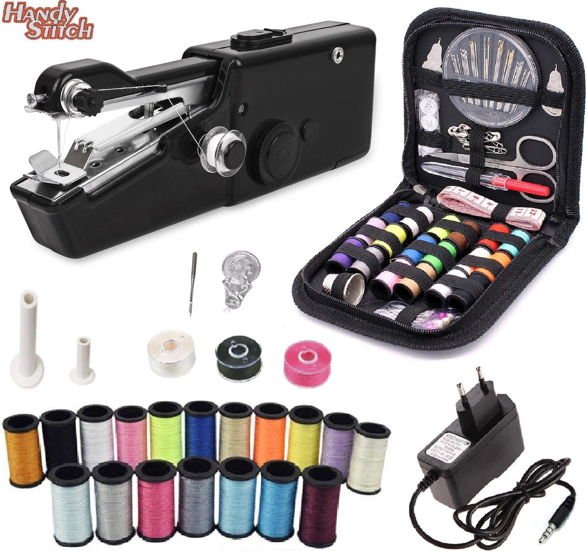 Handy Stitch - PREMIUM Handnaaimachine met adapter en 79 Delige starterskit - Compact - Draadloos - Draagbare reis naaimachine - Elektrisch of op Batterijen - incl. 21 spoelen garen