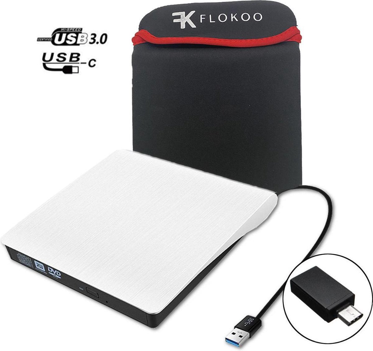 Externe DVD / CD Speler en Brander voor Laptop Wit - Externe DVD Brander - Windows & Mac - USB 3.0 / C + Beschermhoes