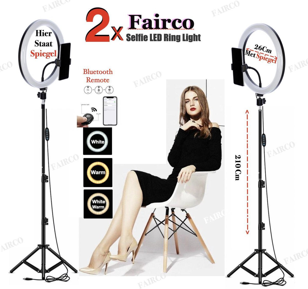 2Pcs Selfie LED Ring Lamp 26Cm met Spiegel en Statief 210 CM hoog Inclusief Bluetooth afstandsbediening en Telefoonhouder - Smartphone Tripod - LED Ringlamp - Ring Light - flitser - Make-up light - Studiolamp – Fairco