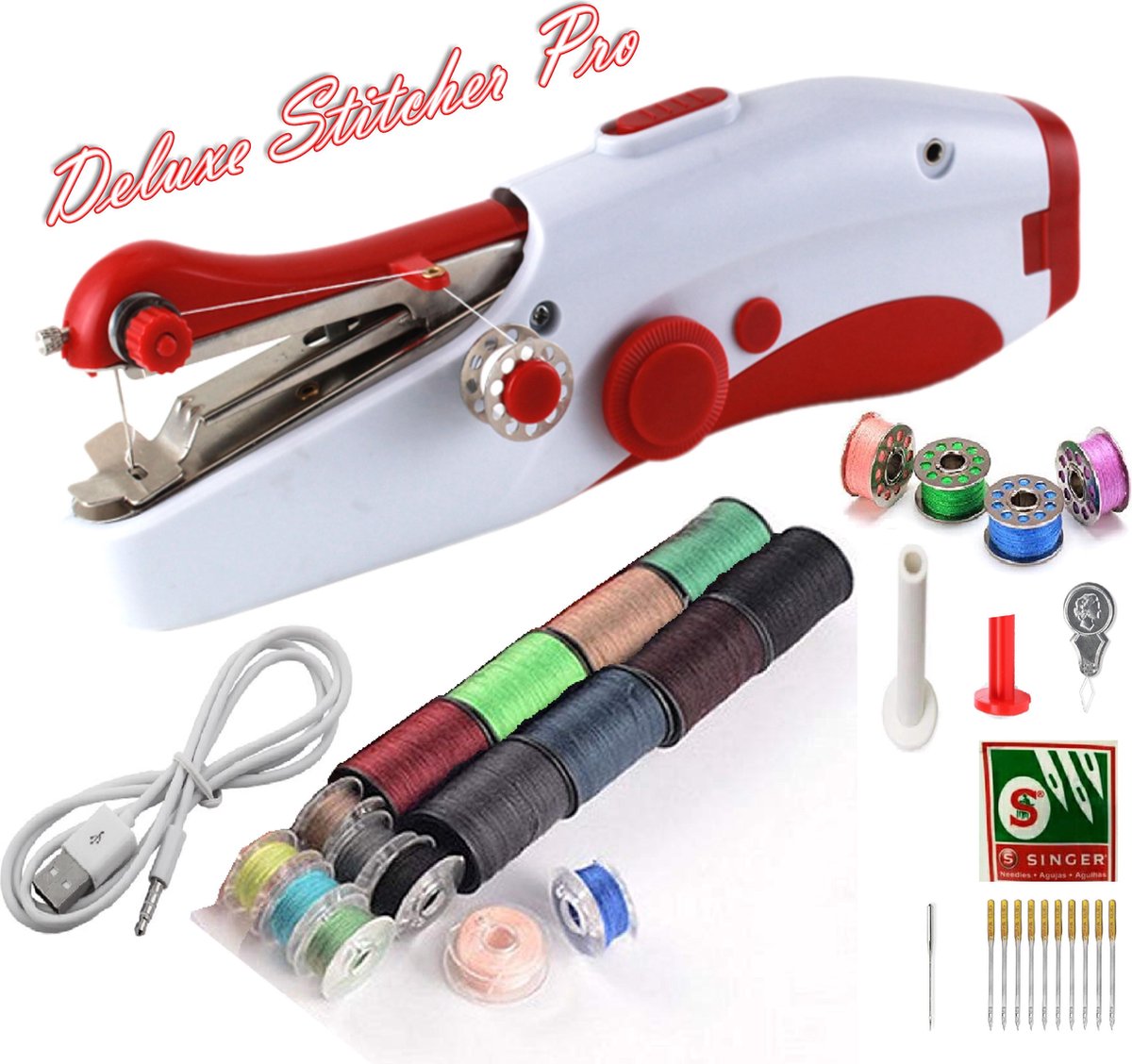 Deluxe Stitcher Pro - PREMIUM Handnaaimachine met USB Kabel + 20 garen met spoelen + 11 Reserve naalden en Accessoires - Mini naaimachine - Compact - Draadloos - Draagbare Hand Naaimachine - Elektrisch of op Batterijen