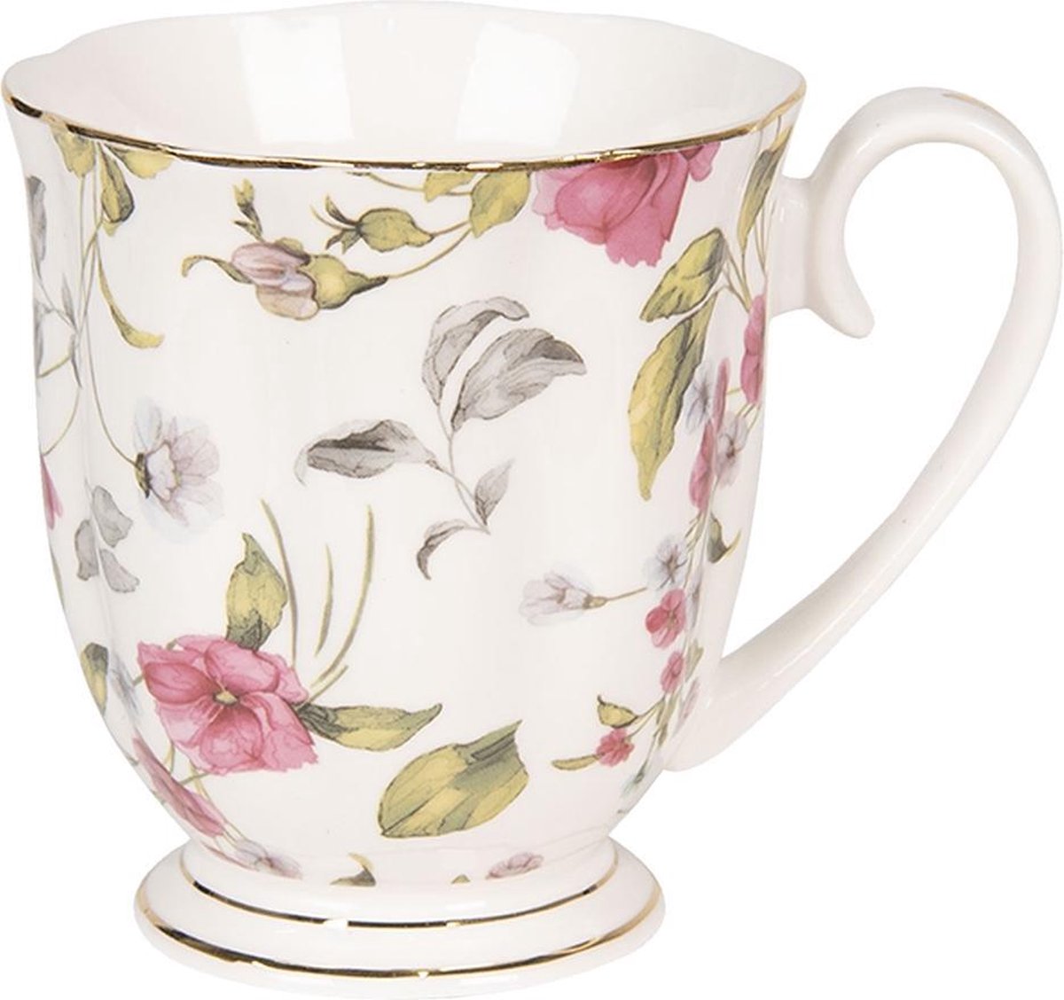 Clayre & Eef Servies Mok 11*8*9 cm / 200 ml Wit Porselein Bloemen Rond Beker Koffiemok Kopje