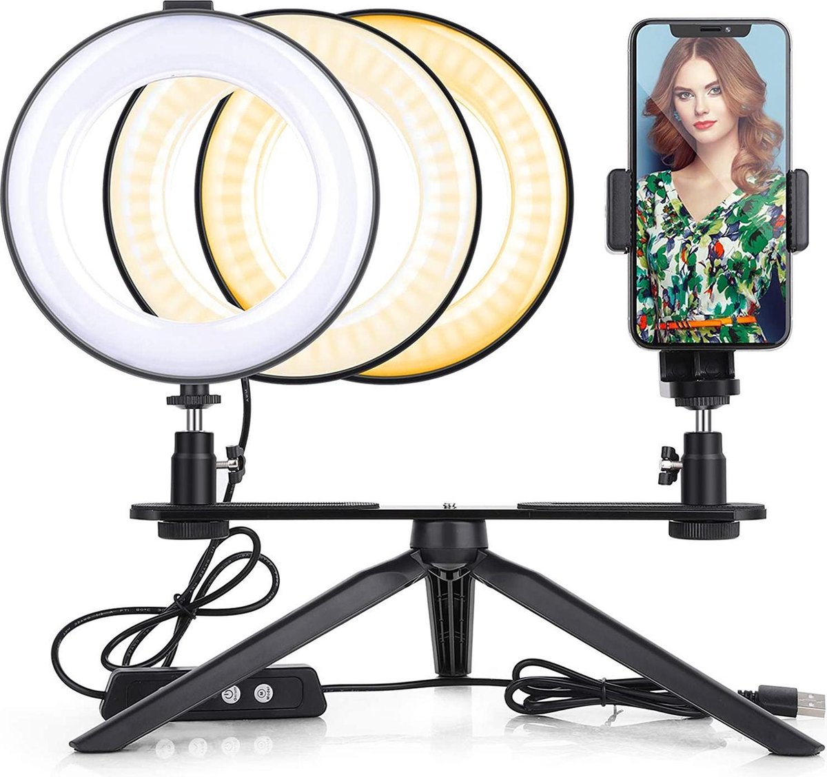 selfie ring licht met statief - ZINAPS 8 Inch Ring Light Mobile Phone Ring Light Tripod selfie LED Tabel Type met 2 Mobile Phone Holder Dimbare voor Live Broadcast Makeup Led Portret Ring Light