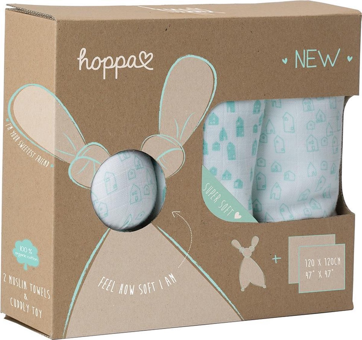 Hoppa - Cadeauset 2 Tetradoekjes + 1 Doudou - Houses White Mint - 120 x 120 cm
