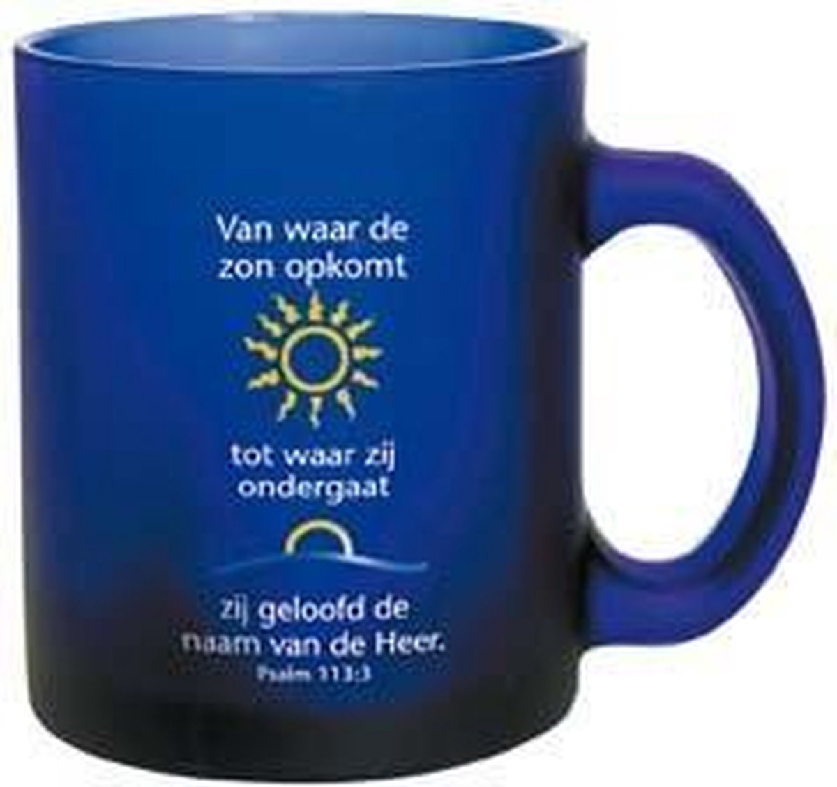 Mok blauw glas ps 113:3 van waar de zon