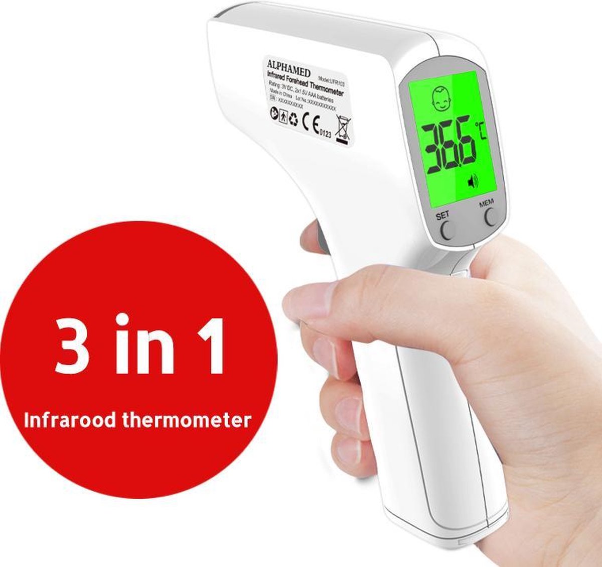 Alphamed - Professionele Infrarood thermometer - Koortsthermometer - Thermometer voorhoofd - Alarm bij koorts - Incl. batterijen