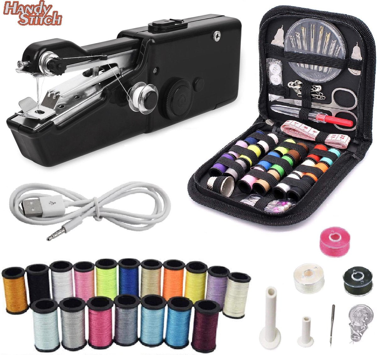 Handy Stitch - PREMIUM Handnaaimachine met USB Kabel en 79 Delige Starterskit - Compact - Draadloos - Draagbare reis naaimachine - Incl. 21 Spoelen garen - Elektrisch of op Batterijen