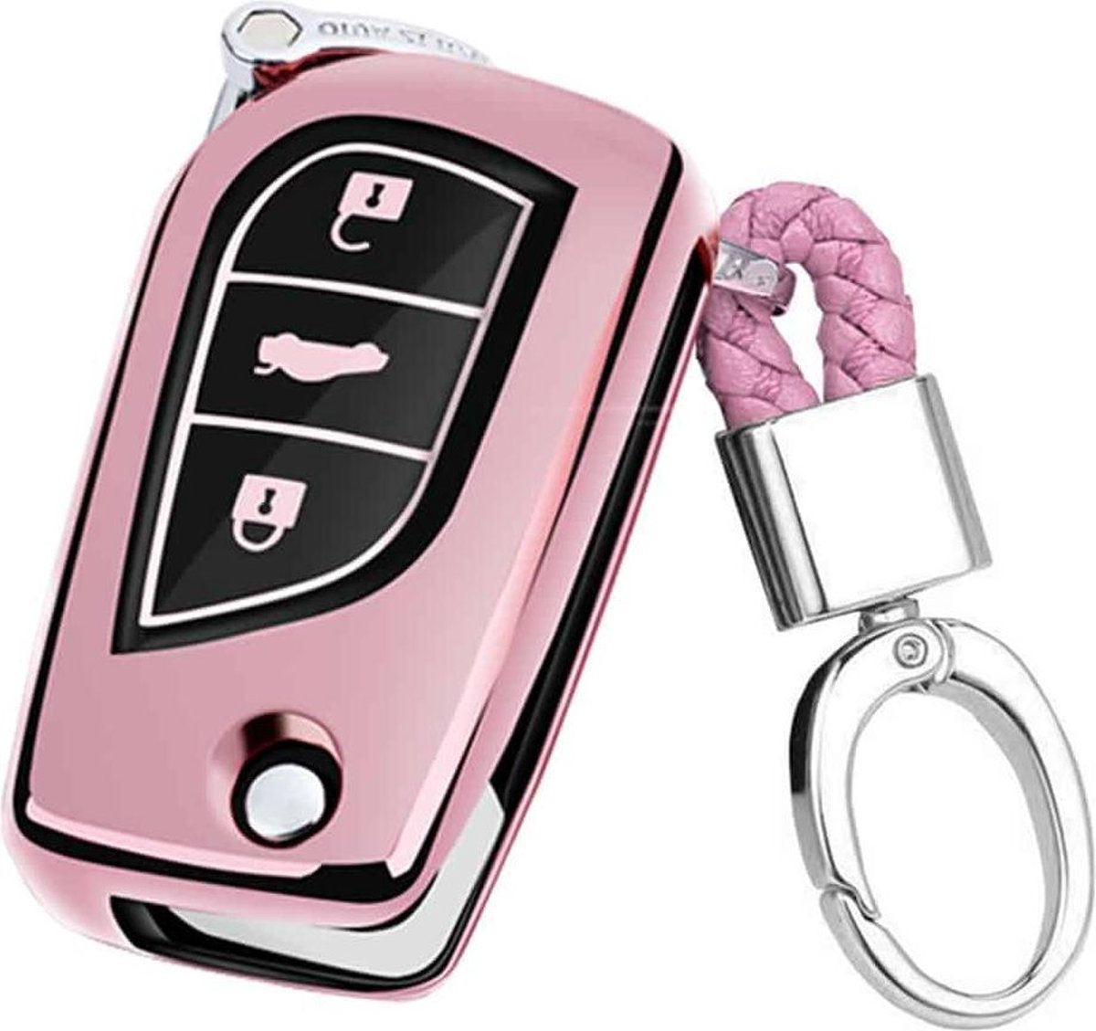 TPU Een stuk Galvaniseren Opening Volledige Dekking Autosleutel Case met Sleutelring voor TOYOTA YARIS L / COROLLA / YARIS L / CAMRY / VIOS / HIGHLANDER (Roze)