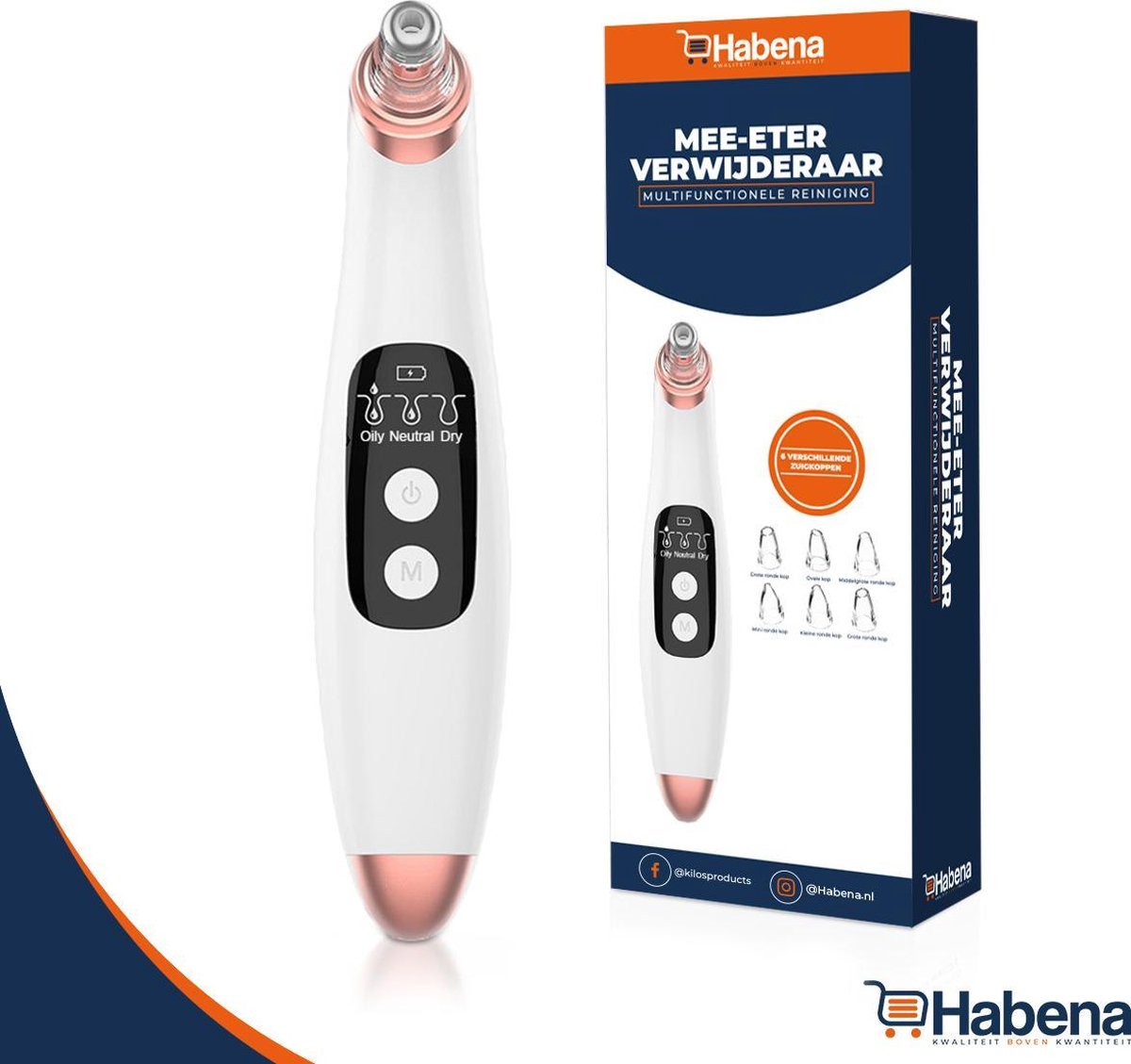 Habena® Blackhead Remover - Gezichtsreiniger - Mee Eters Verwijderen - Blackhead Remover Vacuüm - Poriënreiniger -  Wit - 6 opzetstukken - Inclusief mee eters verwijderen tools set - Draadloos