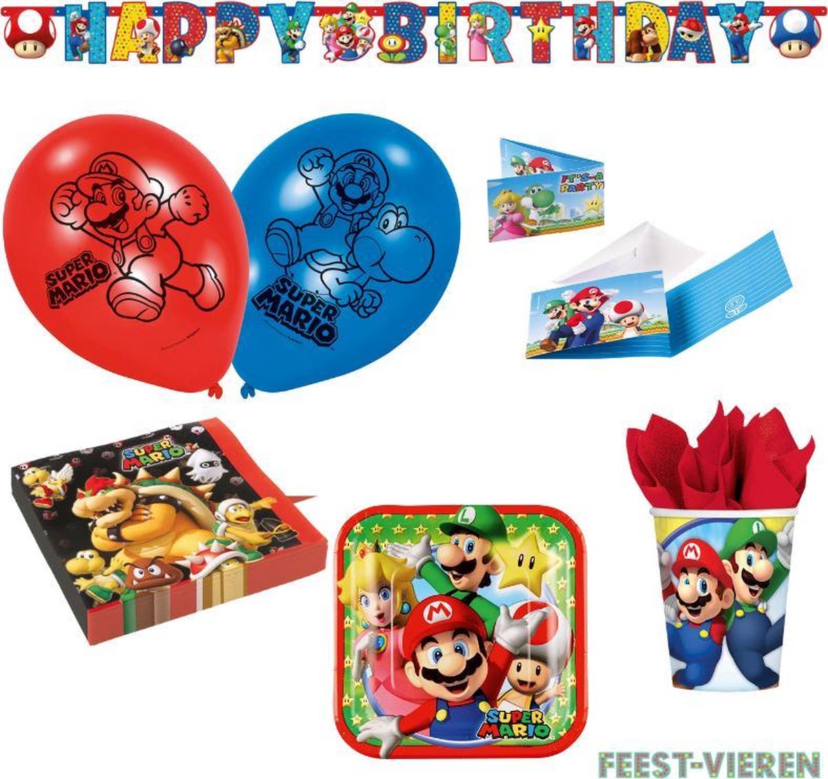 Super Mario Pakket uitdeelzakjes - slinger - uitnodigingen - ballonnen - servetten - bordjes - bekers