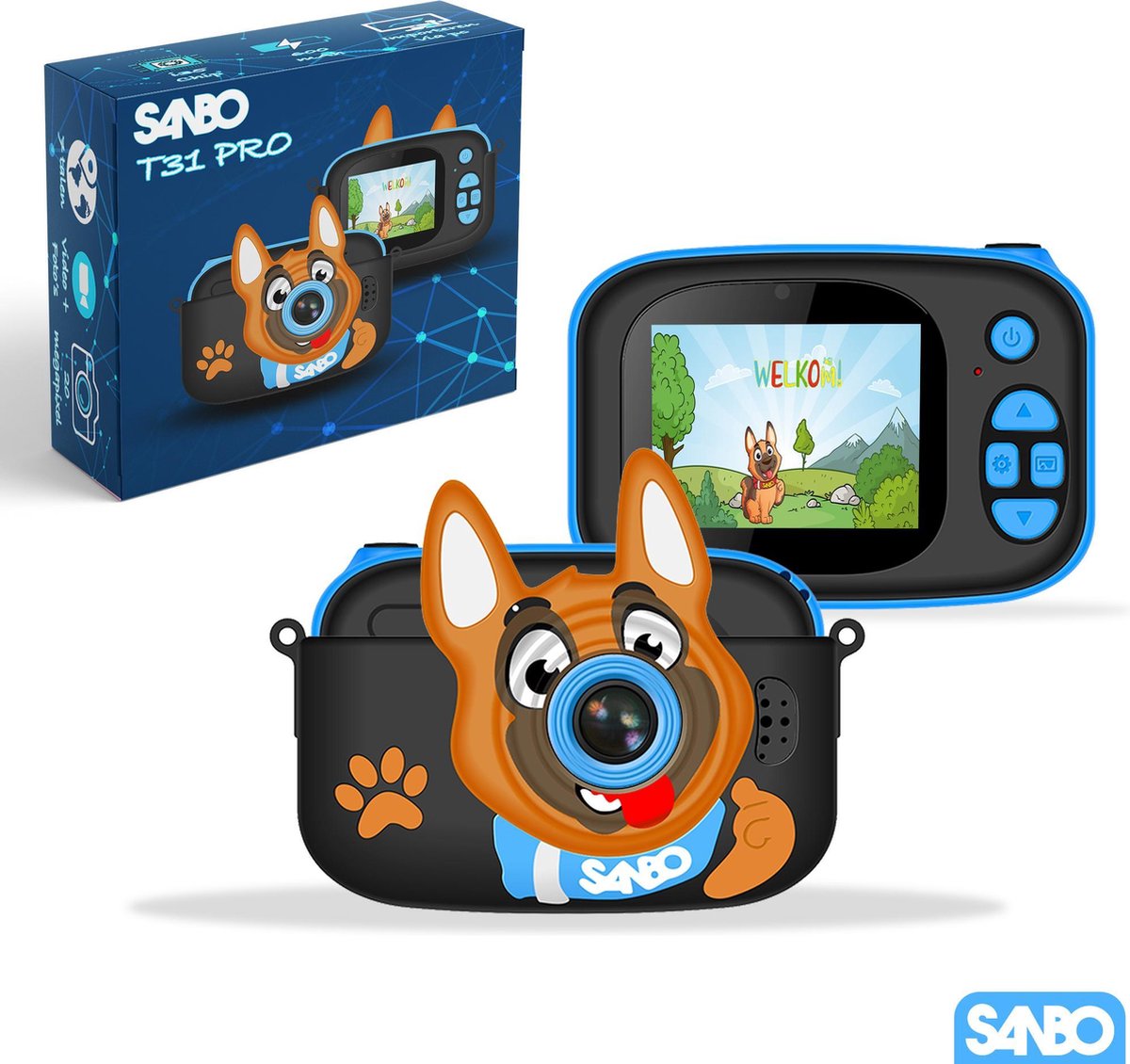 Sanbo® Kindercamera T31 PRO - Blauw - voor en achter camera - Gratis kinderrugzak - gratis 32GB SD card en card reader - Fototoestel voor Kinderen - Vlogcamera met games - videofunctie - Digitaal Kinderfototoestel - Klein Formaat Speelgoed Camera -