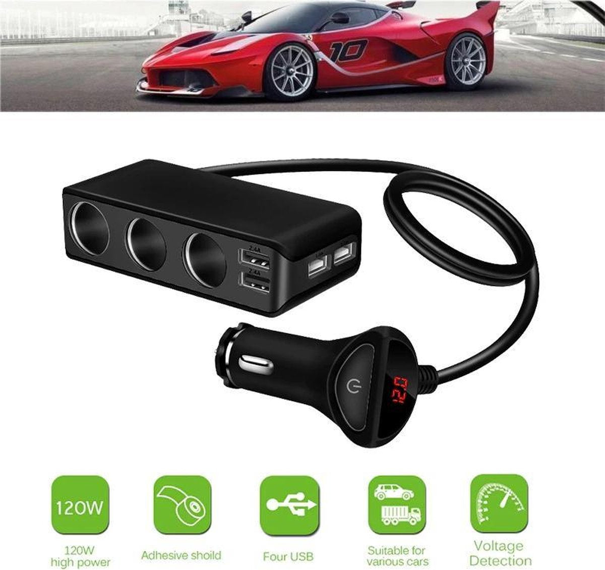 Premium Auto Sigarettenaansteker Splitter - 4 Poorten USB - 12V Splitter - Autolader USB - Autolader Splitter