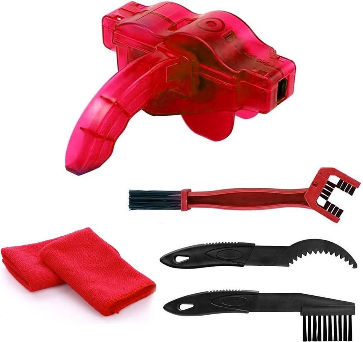 Fietsketting Reiniger Rood - Fietsketting Reiniger - Ketting Schoonmaken - Kettingborstel - Fiets Schoonmaak Set - Ontvetter fiets - Kettingreiniger - Fietsketting Smeermiddel - Fiets Accessoires - Borstels - 5 - Delige Set - Fietsgereedschap