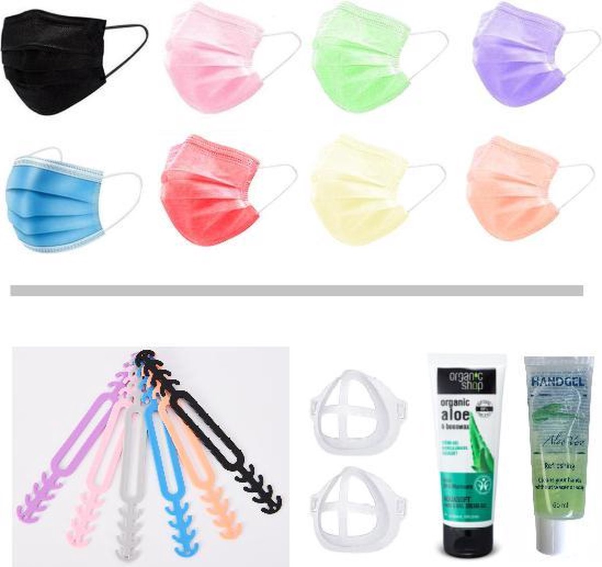Mondkapjes Vakantie Pakket: 40 Gemixte Mondmaskers | 5 Earsavers Mix | 2 Mondmaskerhouders | Handcreme | Handgel