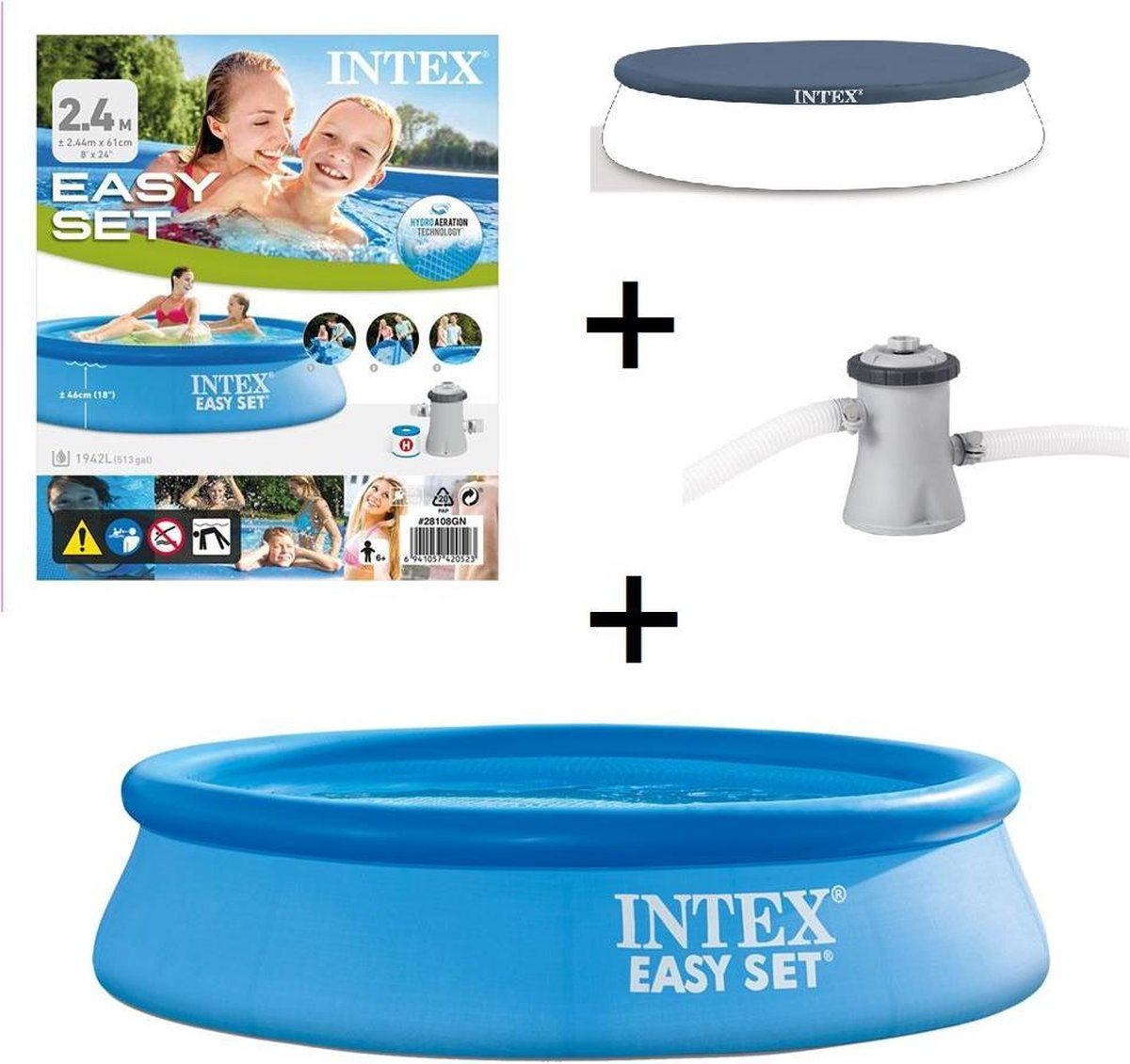 Intex Easy Set Opblaaszwembad met Filterpomp - 244 x 61 cm - Blauw - met Afdekzeil