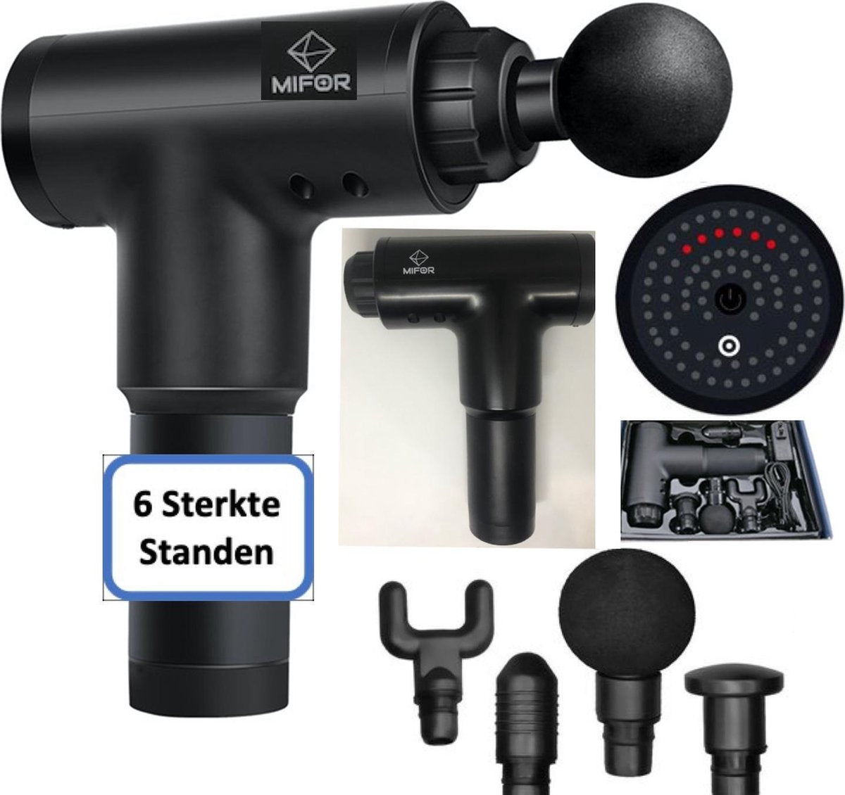 MIFOR® Populair Massage Gun - Sport en Relax Massage - Professioneel Gebruik - Spierherstel & Spierontspanning - Stress Verminderend - Stil en Sterk - Lange Batterij - 4 Verschillende Opzetstukken - Zwart