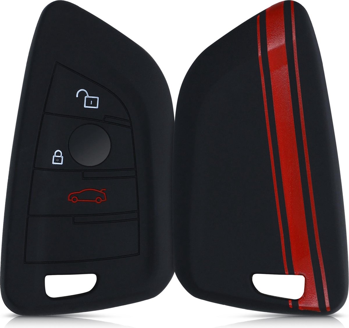 kwmobile autosleutelhoes voor BMW 3-knops Smart Key autosleutel - Siliconen beschermhoes in rood / zwart - Rallystrepen design