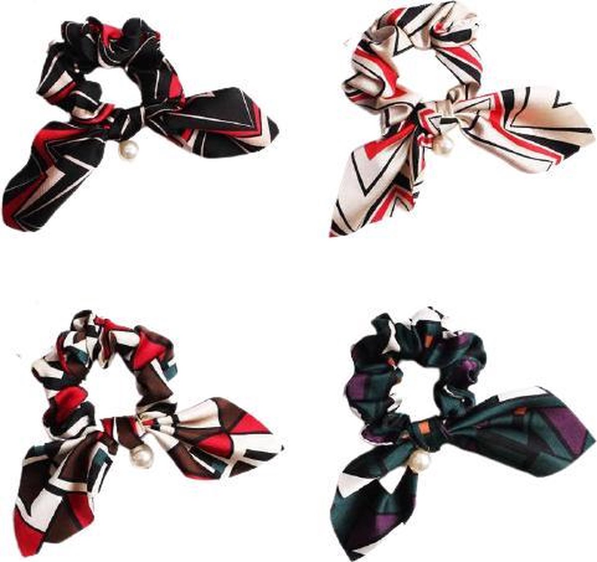 MINIIYOU® Set 4 stuks dames en meisjes haar scrunchies | geblokt - gestreept | Scrunchie met lint | Elegante Scrunchie met lintjes | Haarelastiek - elastische haarband | Elastiek - wokkels - haarwokkel | Satijn Fluweel Zacht haar scrunchie