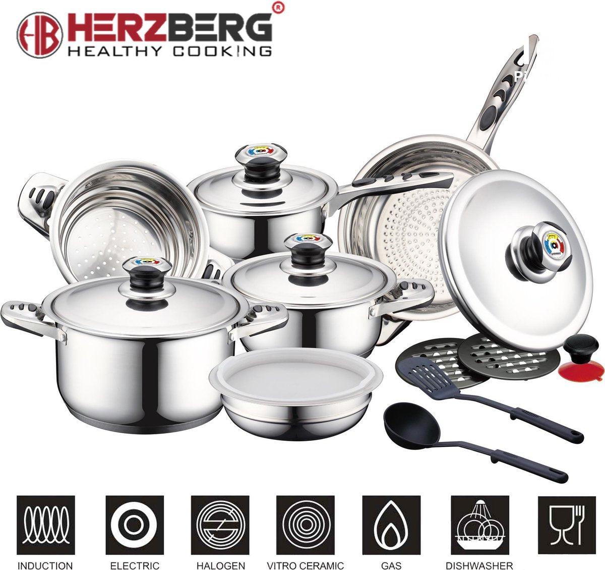 Herzberg - Set Lot 16-delige Pannenset inductie - Pannensets – RVS deksel met Warmteindicatie - RVS - PFAS-vrij
