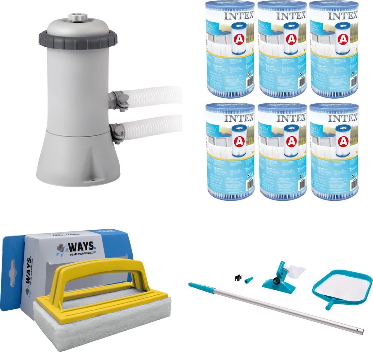 WAYS - Zwembad Onderhoud - Intex Onderhoudsset & Intex Filterpomp 28604GS & 6 Intex Filters Type A & WAYS Handy Scrubborstel