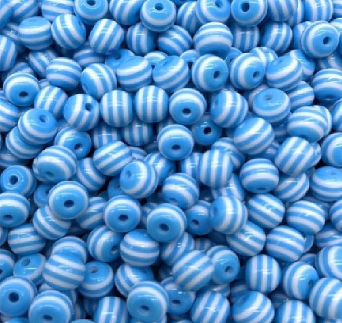 50x Kralen Rond Licht Blauw / Wit Gestreept - 8 mm