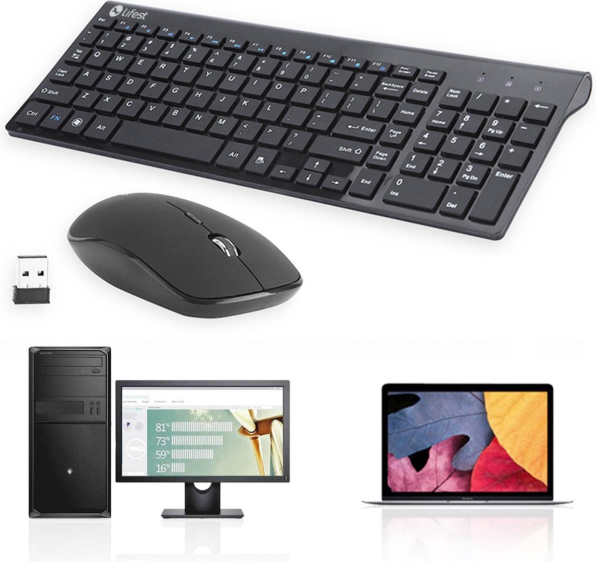 Lifest Draadloze Muis en Keyboard Set - Ergonomisch - Muisstil - Zwart