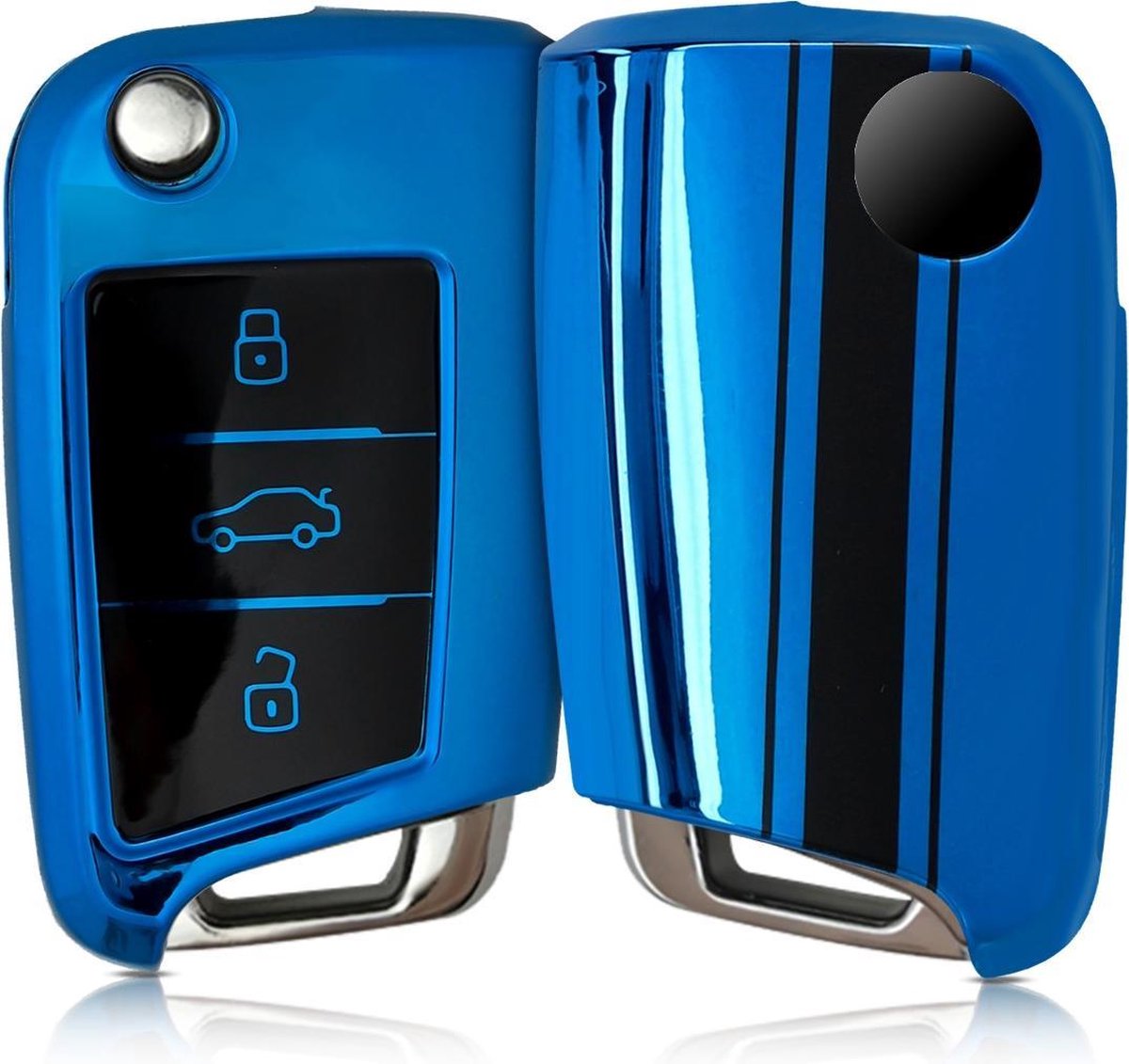 kwmobile autosleutelhoes voor VW Golf 7 MK7 3-knops autosleutel - TPU beschermhoes - sleutelcover - Rallystrepen design - zwart / hoogglans Blauw
