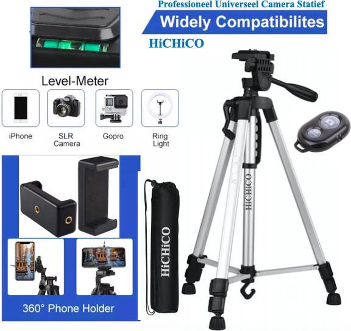 Professioneel Universeel Camera Statief  Met Handgreep en Hendel - Smartphone Tripod Zilver - Inclusief Bluetooth Remote Shutter
