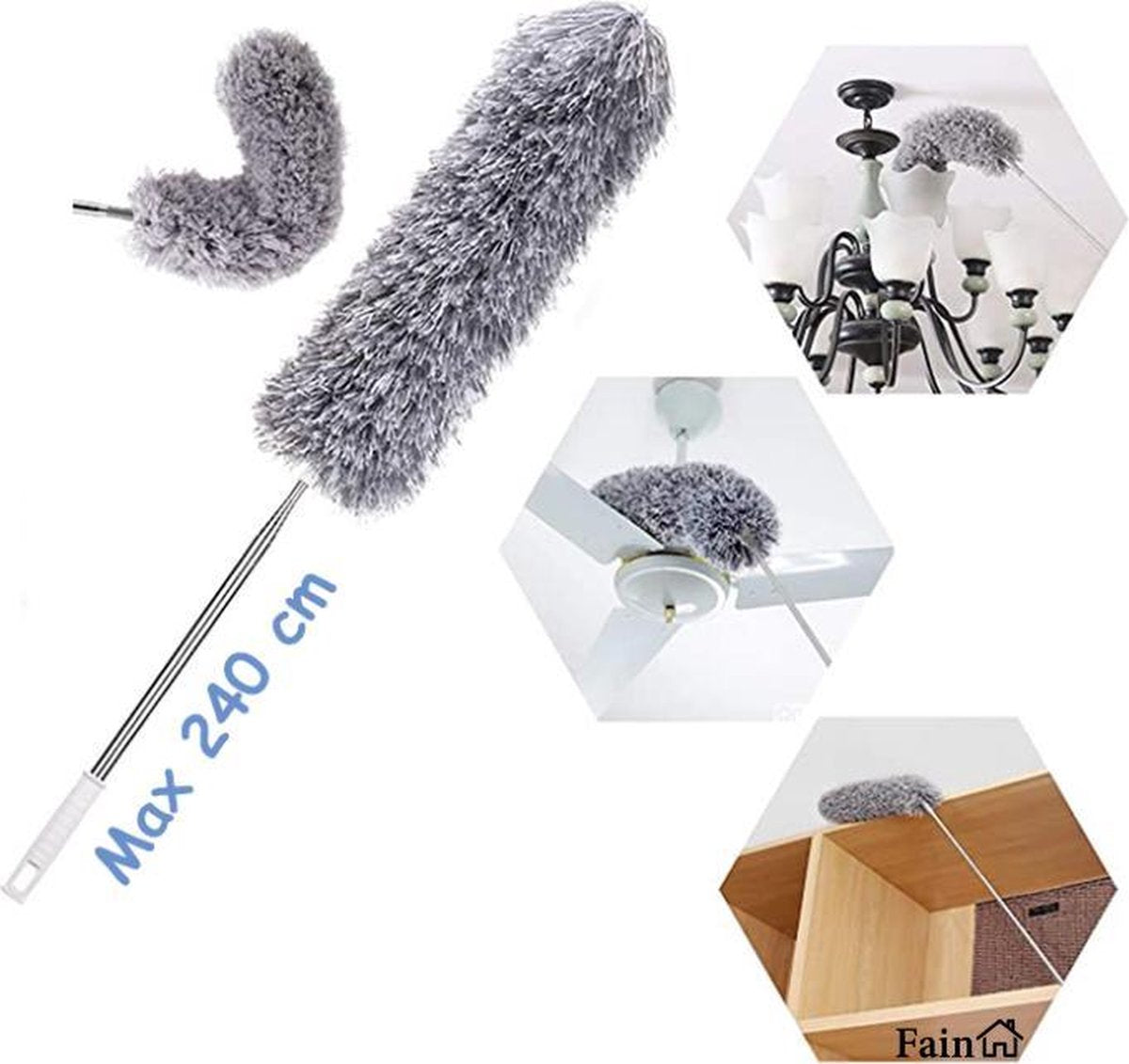 Plumeau met Telescoopsteel – Tot 240 cm – Grijs – Ragebol – Uitschuifbare plumeau - Plumeau microvezel – Ragebol met steel – Plumeau wasbaar – Ragebol met telescoopsteel – RVS – Plumeau uitschuifsteel - Duster - Plumeau uitschuifbaar