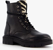 Groot leren meisjes veterboots zebraprint - Zwart - Maat 28