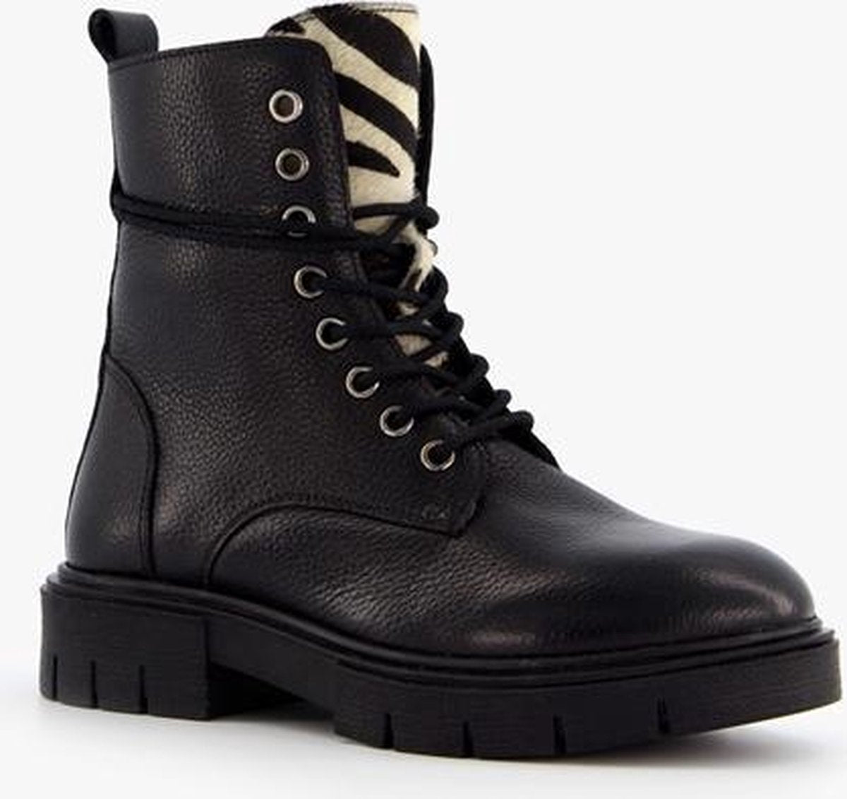 Groot leren meisjes veterboots zebraprint - Zwart - Maat 28