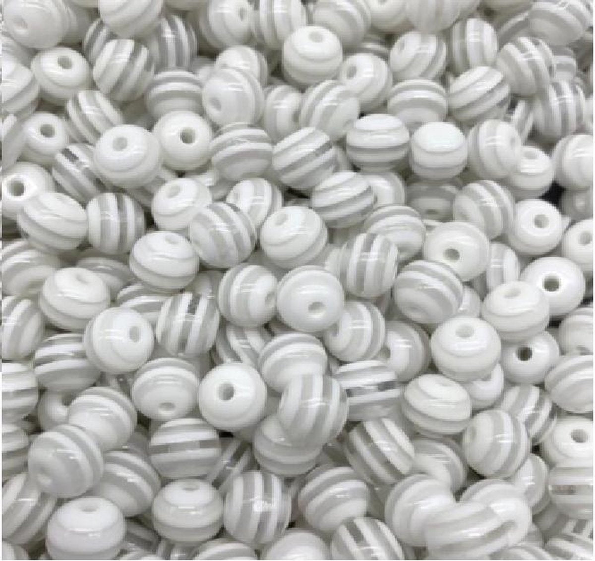 50x Kralen Rond Wit / Wit Gestreept - 8 mm