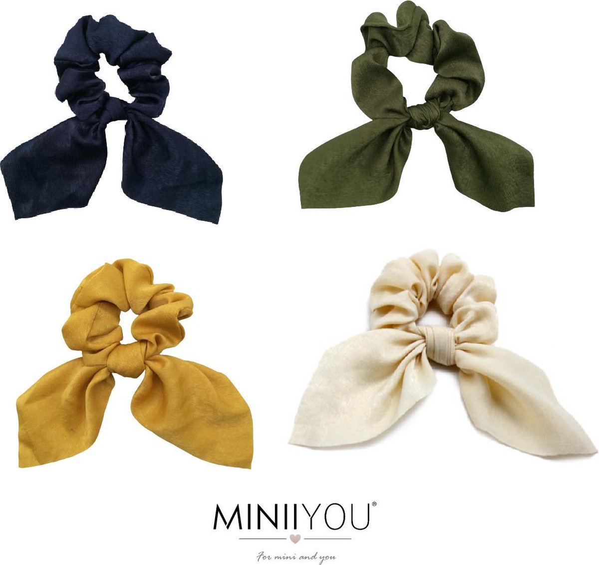 Per 4 stuks dames en meisjes haar scrunchies met strik | creme groen navy geel - wokkels - elastiek