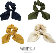 Per 4 stuks dames en meisjes haar scrunchies met strik | creme groen navy geel - wokkels - elastiek