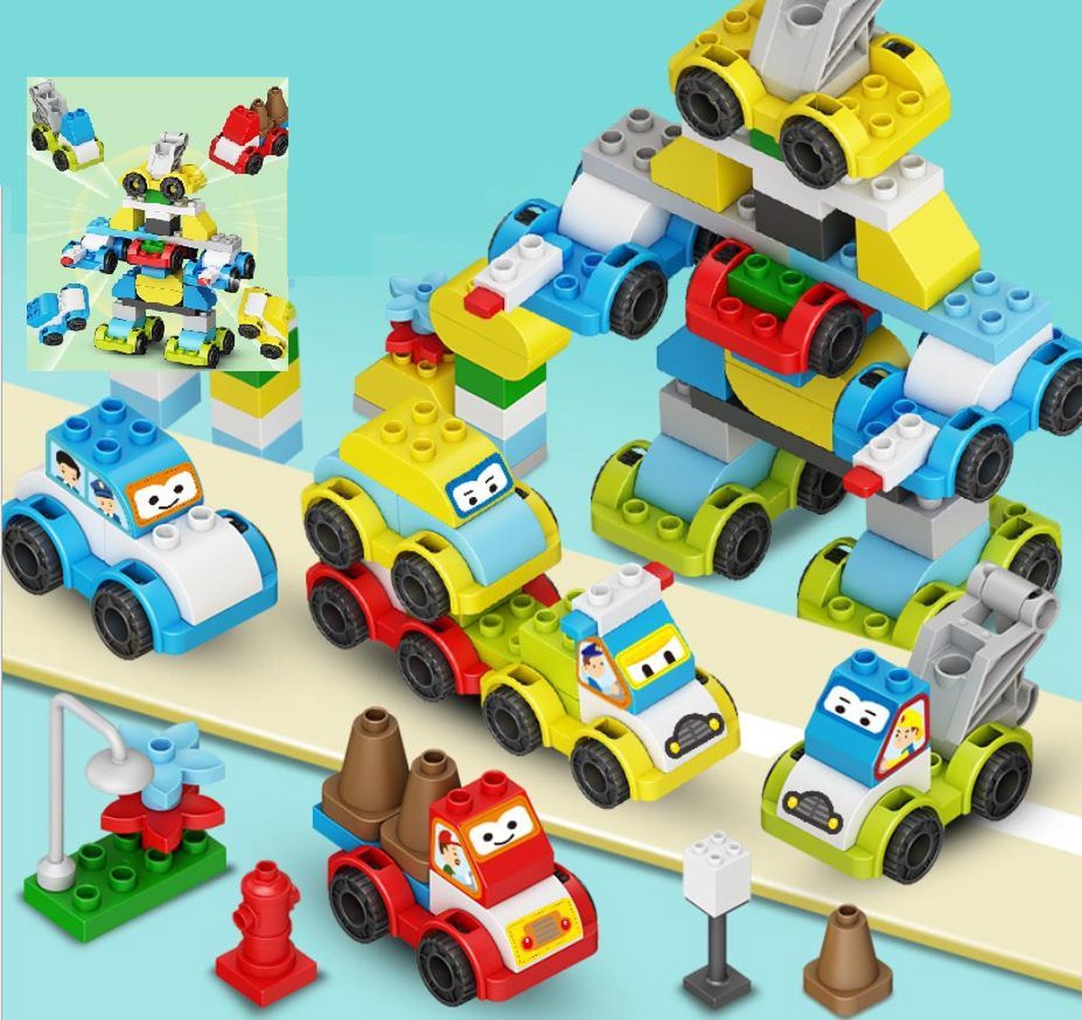 Bouwblokken 116 delig met Opberggemmer - Mijn Eerste Auto Creaties  - Voordeelverpakking GROTE VOERTUIGEN - Bouwstenen compatibel met Duplo