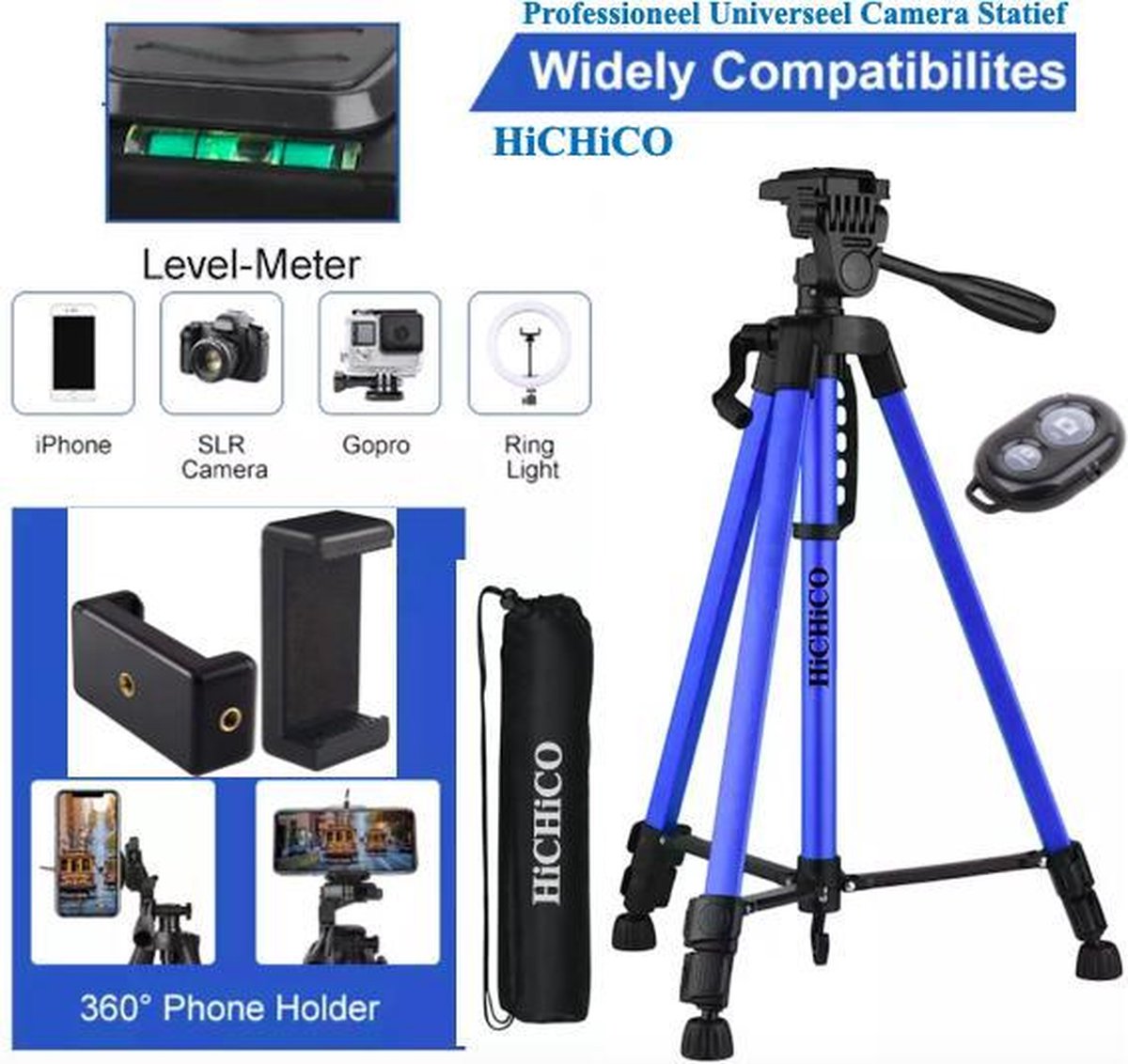 Professioneel Universeel Camera Statief  Met Handgreep en Hendel - Smartphone Tripod Blauw - Inclusief Bluetooth Remote Shutter
