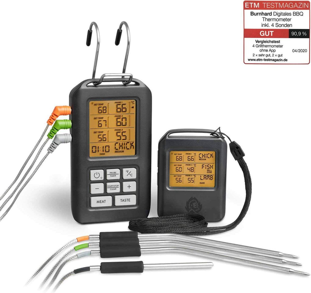 Burnhard Digitale Vleesthermometer | BBQ thermometer draadloos | Voedselthermometer met 4 temperatuursensoren