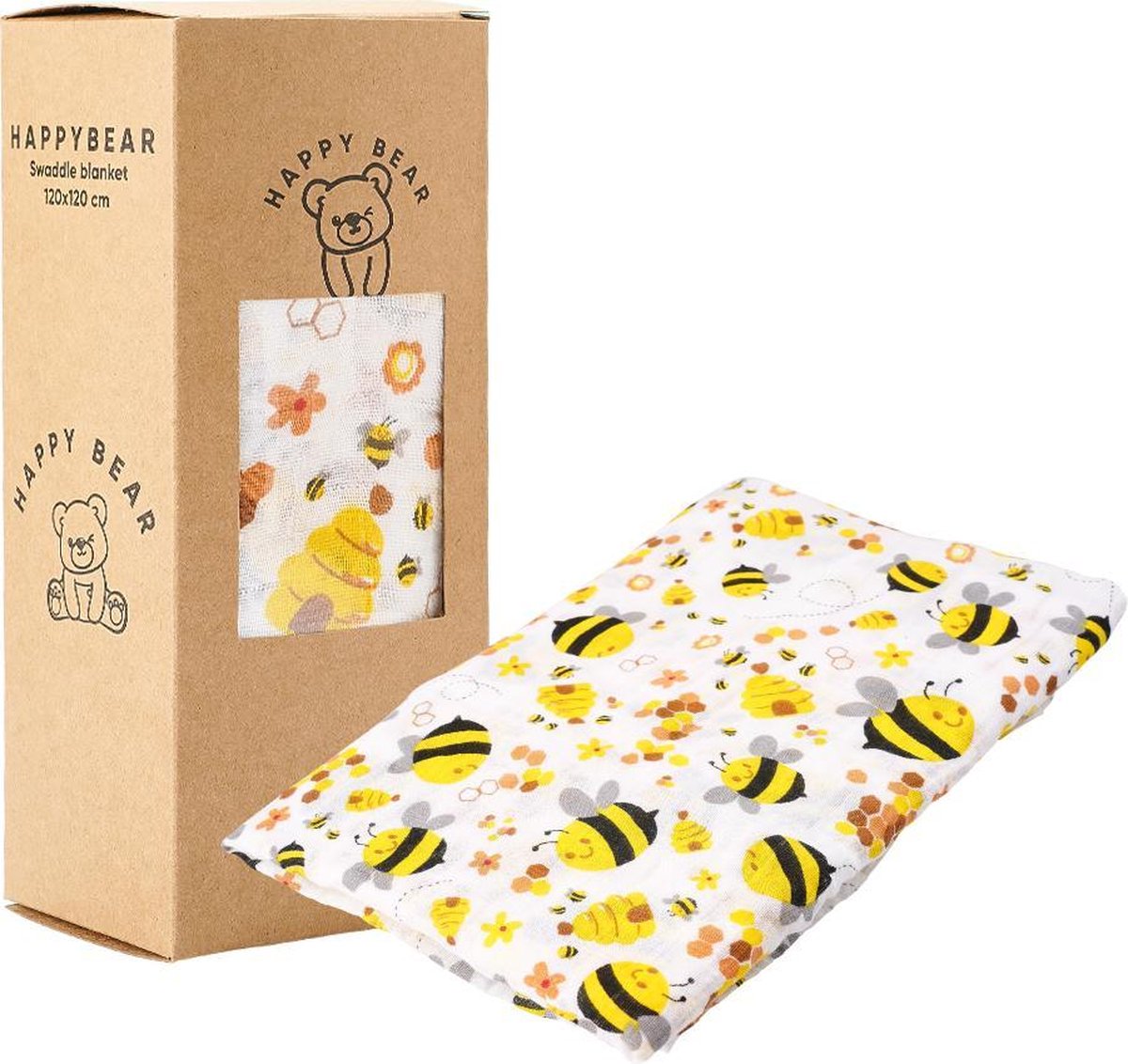 HappyBear - Hydrofiele swaddle doek – Bijen | 120cm x 120cm | Inbakerdoek