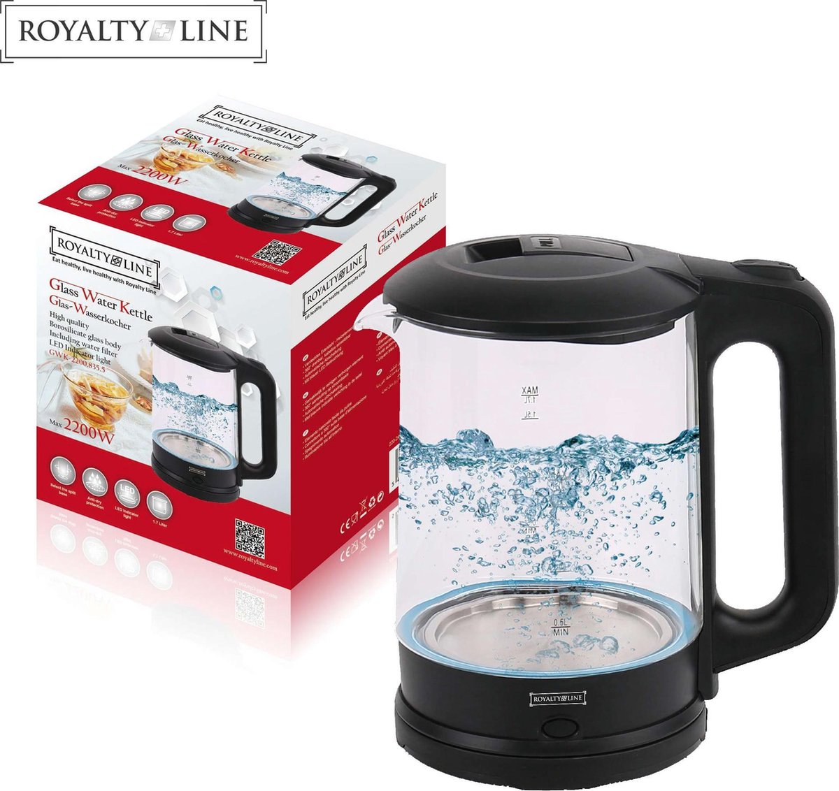 Royalty Line - waterkoker - Elektrische glazen waterkoker 2200W- RL-GWK2000.835.5