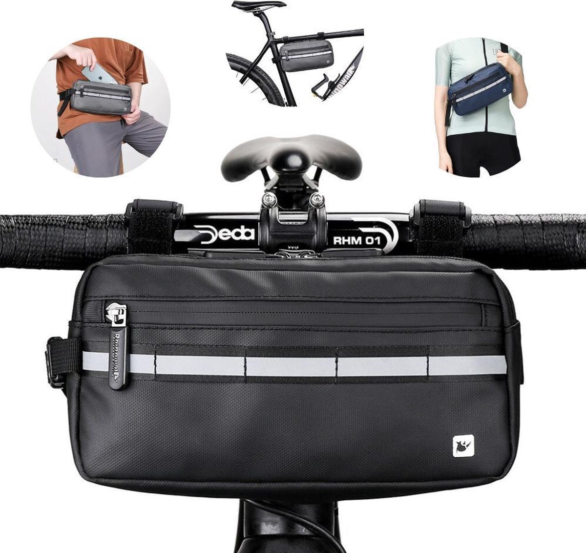 Rhinowalk® 4 in 1 Fietstas Stuur Volledig Waterdicht - Stuurtas Fiets Afneembaar - 3L - Ook Frametas - Zwart